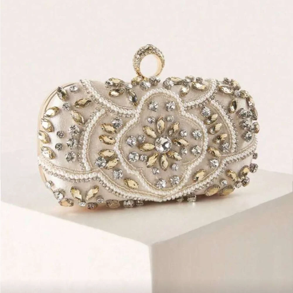 Elegant Cream and Gold Embellished Clutch